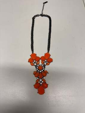 Gunmetal Chain Orange Teardrop Resin & Rhinestone Statement Bib Necklace